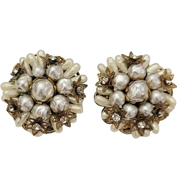 Robert Vintage Faux Pearl Rose Montees Rhinestones Bead Cluster Earrings, K403 - Picture 7 of 7